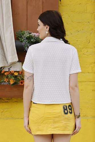 Image of Zilcon Women's Textured Polo Collar Shirt | Short Sleeve Button-Down Casual Crop Top | Soft Stretch Everyday Fashion Shirt