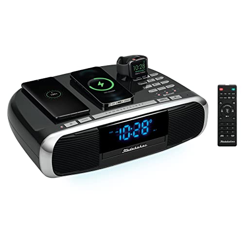 Studebaker Workstaton HiFi Music System with Bluetooth, FM Radio, CD, and Qi Wireless Charging Station (Black)