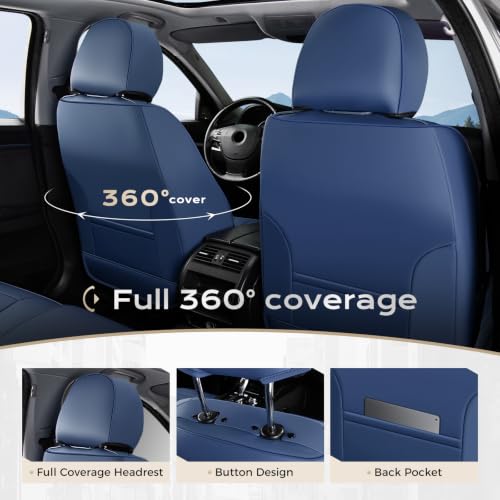 Image of Coverado Car Seat Covers Full Set, Nappa Leather Seat Covers for Cars, Car Seat Protector Car Seat Cushion, Front and Back Seat Protectors Cushions Universal Fit for Most Cars Vehicles(Blue&White)