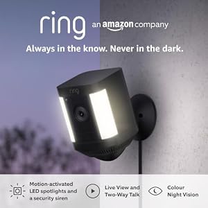 Ring Spotlight Cam Plus Plug-In | Outdoor Security Camera 1080p HD Video, Two-Way Talk, Night Vision, LED Spotlights, Siren, alternative to CCTV system, 30-day free trial of Ring Subscription