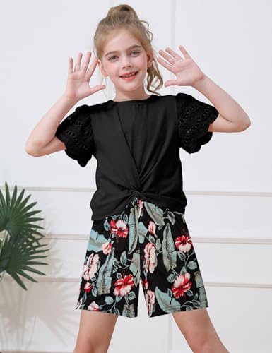 Image of mksodop Girls Clothes 2-Piece Teen Girls clothes Lace Hollow Short-Sleeved Twist T-Shirt And Floral Short Girl Summer Outfits