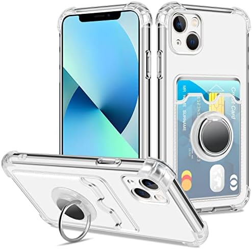 Coolden for iPhone 13 Case Wallet Case with Card Holder Ring Kickstand Slim Soft TPU Silicone Shockproof Transparent Bumper Case Anti-Scratch Protective Phone Case Cover for iPhone 13 6.1 inch-Clear