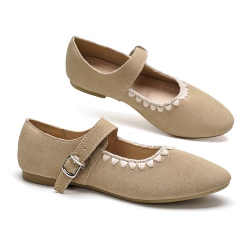 GLAMORA Ballerines Femme Mary Jane Effet Daim Bride Boucle Décorative Fermeture Rapide Crochet Chaussures Plates Souples Légères Bordure Tricotée Bout Rond...