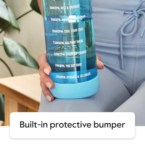 Image of Takeya Motivational Water Bottle with Straw Lid and Time Marker (32 oz, Breezy Blue) - Leakproof, BPA Free Water Bottle for Daily Intake Tracking