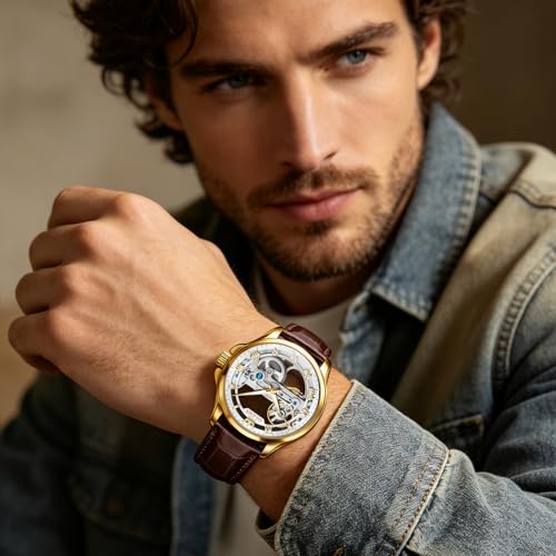 Image of OLEVS Skeleton Watches for Men Automatic Self Winding Mechanical Luxury Dress Leather Waterproof Luminous Men Wrist Watch
