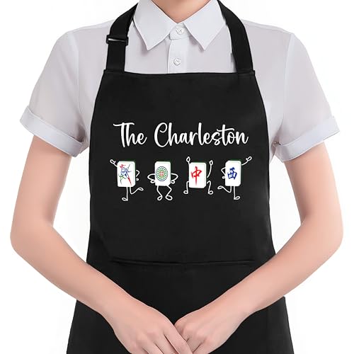 HUGANE Funny Mahjong Apron with Pockets, Gifts for Mahjong Players Lovers, Mah Jong Accessories Gifts Waterproof Adjustable Cooking Apron for Kitchen Dishwashing Grilling