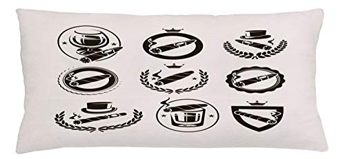Lunarable Havana Throw Pillow Cushion Cover, Assorted Illustration of Cuban Cigars and Whiskey and Wine Glasses, Decorative Rectangle Accent Pillow Case, 36" X 16", Dark Brown and Eggshell