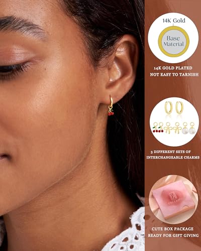 Freekiss Gold Hoop Earrings and Charm Set for Women Trendy: 14K Gold Plated Small Huggie Hoop Earrings Interchangeable Dangle Charm Set Hypoallergenic Cute Earrings Jewelry Pearl Bow Cherry Charms3
