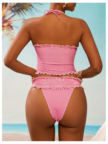 GORGLITTER Women's Gingham Bow Tankini Set Cut Strapless Halter High Cut Thong Swimsuit Bathing Suit Beach Fashion3