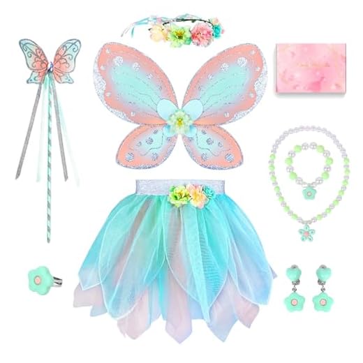 TOSZOLY Disfraz de Hada para Niñas, Set de 8 Piezas con Alas de Mariposa, Falda Tutú, Varita Mágica, Corona de Flores, Conjunto de Joyas, Vestido de Princesa para Halloween, Carnaval, Niñas 3-6 Años