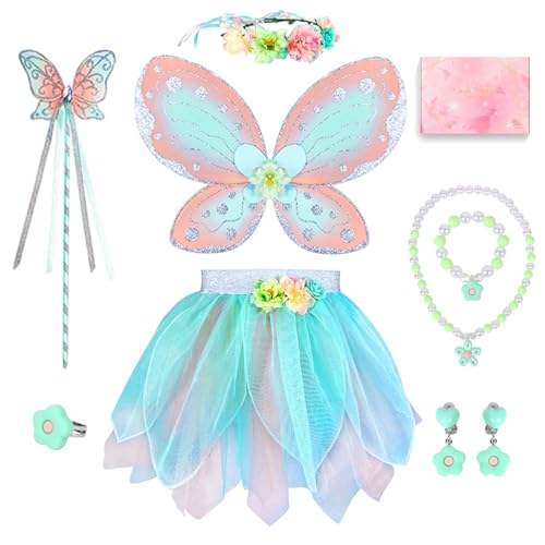 TOSZOLY Déguisement Fée Fille 8 Pièces – Ailes de Papillon, Jupe Tutu, Baguette, Couronne de Fleurs, Bijoux, Costume Princesse pour Filles 3-6 Ans,...