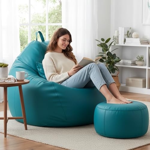 KAM'S LIEU 5XL Bean Bag Combo with Footrest & Cushion | Filled with High Density EPS Beans | Comfortable Sofa for Living Room & Bedroom | 6 Months Warranty, Color- (Aqua, 5XL, Classic)