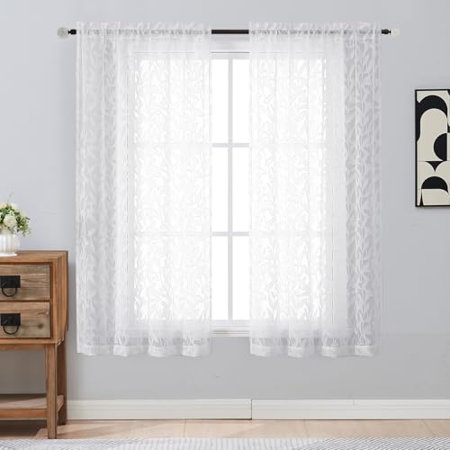 Gwine White Sheer Curtains 63 Inch Length 2 Panels Set Light Filtering Leaf Jacquard Textured Soft Airy Living Room Bedroom Curtains Elegant Rod Pocket Farmhouse Curtain 42Wx63L Inches 2PCS