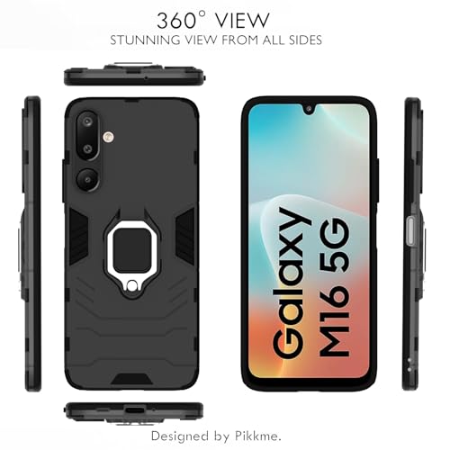Image of Pikkme Back Cover for Samsung Galaxy M16 5G | 360 Protection Case | Ring Holder Stand D5 Tough Armor Bumper Case (Black)