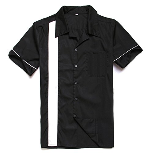 Anchor MSJ Men's 50s Male Clothing Rockabilly Style Casual Cotton Blouse Mens Fifties Bowling Dress Shirts (L) Black