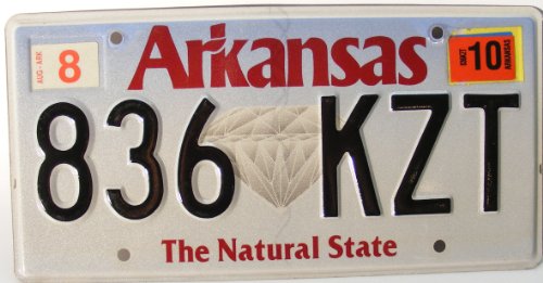 Arkansas The Natural State License Plate black numbers on white with Diamond