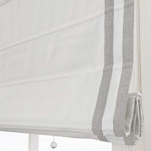 ArtdixCordless Roman Shades Blackout Window Shades - White Light Grey Ribbon Fabric Light Filtering Custom Roman Shades Blinds for Windows, Doors, French Doors, Kitchen Windows