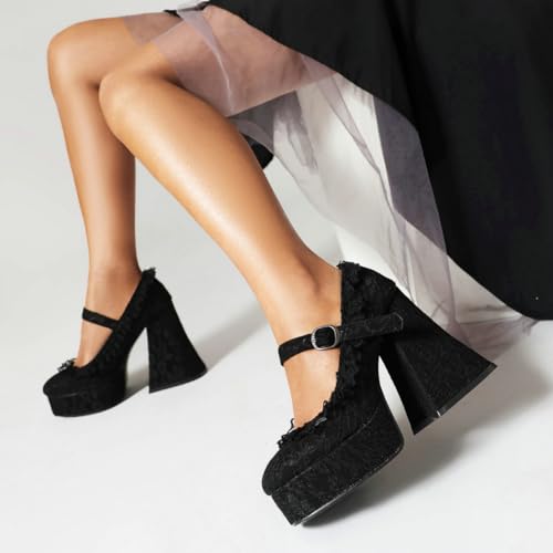 KOKOMOMO Womens Lace Flower Heels Goth Platform Shoes Chunky High Heel Mary Jane Heels Gothic Heels,Size 7 Black3