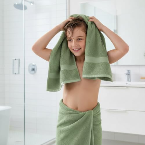 Image of Sulfar 100% Combed Cotton, Quick Drying Highly Absorbent Thick Bathroom Towels, Luxury Bath Towel Set (Pack of 2, 70 X 140 cm) - 600 GSM (Nature Green)