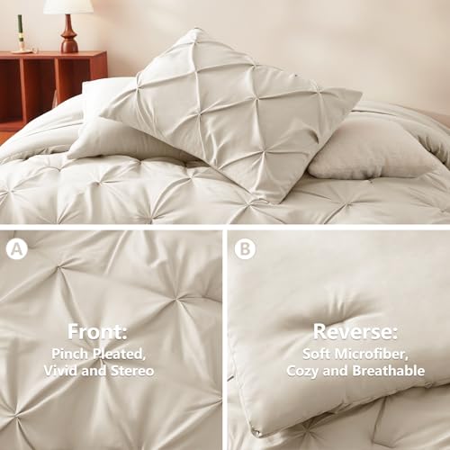 CozyLux California King Comforter Set Beige - 7 Pieces Cal King Cream Off White Bed in A Bag Gift for Family, Pinch Pleat Bedding Sets with All Season Comforter, Sheets, Pillowcases & Shams