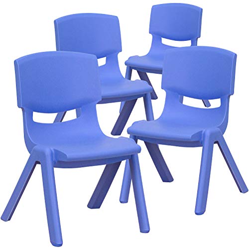Image of EMMA + OLIVER Blue Plastic Stackable School Chair, 10.5 inch Seat, 4-Pack | Recommended for Preschool - Kindergarten Students