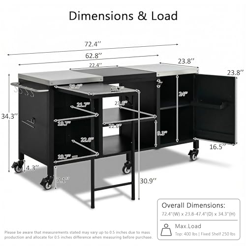 Image of Merax 72.4 inch Large Grill Table for Large Big Green Egg, Metal Outdoor Grill Cart with Fold-Out Prep Table, Adjustable Shelves, Spice Rack, Outdoor Kitchen Island for Big Green Egg, Kamado Joe Classic