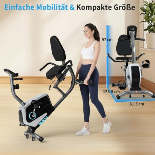 Foto von ISE Liegeergometer für Zuhause mit 8 verstellbaren Widerstandsstufen, Heimtrainer Fahrrad mit Pulssensoren und LCD-Display, Liegerad Heimtrainer mit verstellbarer Rückenlehne