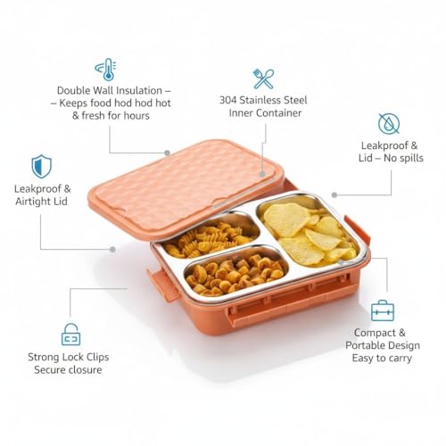 Image of Insulated Stainless Steel Lunch Box with Textured Lid | 3 Compartments | 525ml | BPA Free | Leakproof | Microwave Safe Without Lid | Bento Tiffin Box for Office School Travel (Orange, 3)