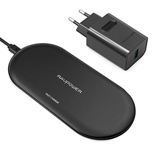 RAVPOWER Chargeur sans Fil 4 Spires 5W Compatible avec iPhone XS/XS Max/XR/X / 8/8 Plus, Chargeur à Induction 10W pour Galaxy S9 S8 et Tout Appareil Compatible Qi (Adaptateur QC 3.0 Inclus)