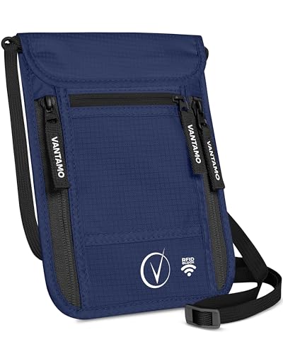 Vantamo Pochette tour de cou pour hommes et femmes - Sac pour passeport - Pochette avec protection RFID - Sac de sécurité adapté pour passeport avec housse,...