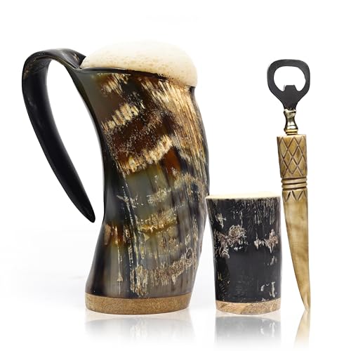 Unique Viking Drinking Horn Mug Set with Cool Shot Glass & Opener for Beer, Whiskey, ale. Ox Horn Cup, 16-20 oz for Men & Women- Ideal for Christmas, Birthday, Occasions and Home Decor. (Simple)