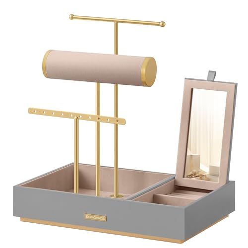 SONGMICS Soporte para Joyas, Expositor de Joyas, Organizador de Pendientes de Metal con Espejo para Collares, Pulseras, Pendientes, Anillos, Regalo Ideal, Gris Paloma y Dorado JJS022G01