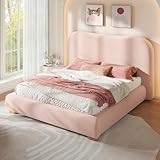 Jocisland Queen Size Cloud Bed Frame, 7.1' Thick Curved Headboard, Soft Rounded Corners Kid & Pet Safe Design, Modern Upholstered Platform Bed, No Box Spring Needed, Easy Assembly, Boucle Pink