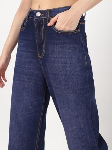 Image of Bewakoof Women's 100% Cotton Straight Fit Jeans | Jeans for Woman | Pants for Woman | Classic Denim Pants | Everyday Casual | Utility Streetwear | Lightweight & Flexible | Straight Pants for Women
