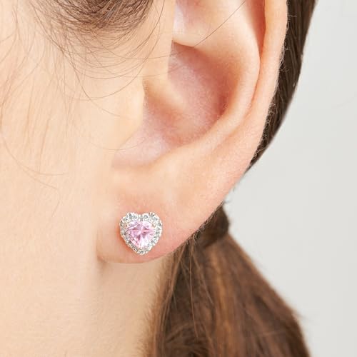 Amazon Essentials 18K Rose 18K Gold Over Sterling Silver Created Pink Sapphire and 0.2 Carat Total Weight Lab Grown Diamond Heart Halo Stud Earrings (previously Amazon Collection)