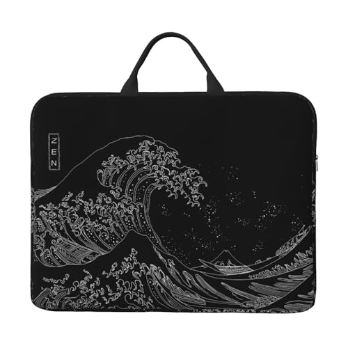 Zynphebag Japanese Wave Art Laptop Sleeve with Handle Black and White Ocean Illustration Computer Case Padded Protective Laptop Bag for Men Women Minimalist Aesthetic Work Travel Carry 14 Inch
