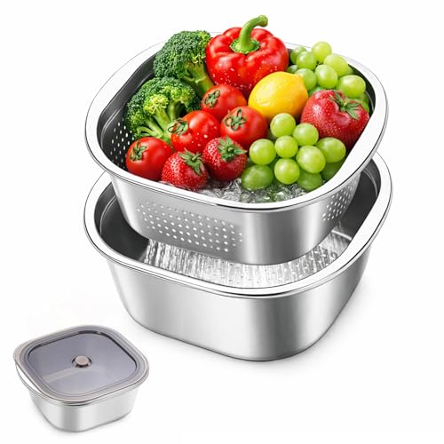 Edelstahl Seiher Schüssel set Küchensieb 28cm Nudelsieb Reis Waschschüssel Salat Sieb Rührschüssel Set Stapelbares Edelstahl Schüsselset.