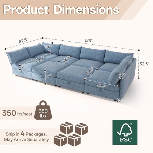 Image of 125 inch Chenille Modular Sectional Sofa Bed Hidden Storage, Convertible L U Shaped Sleeper Couch, 8 Seat Modern Modular Sectional Sofa with Removable Covers & Ottoman Chaise, for Living Room, Blue