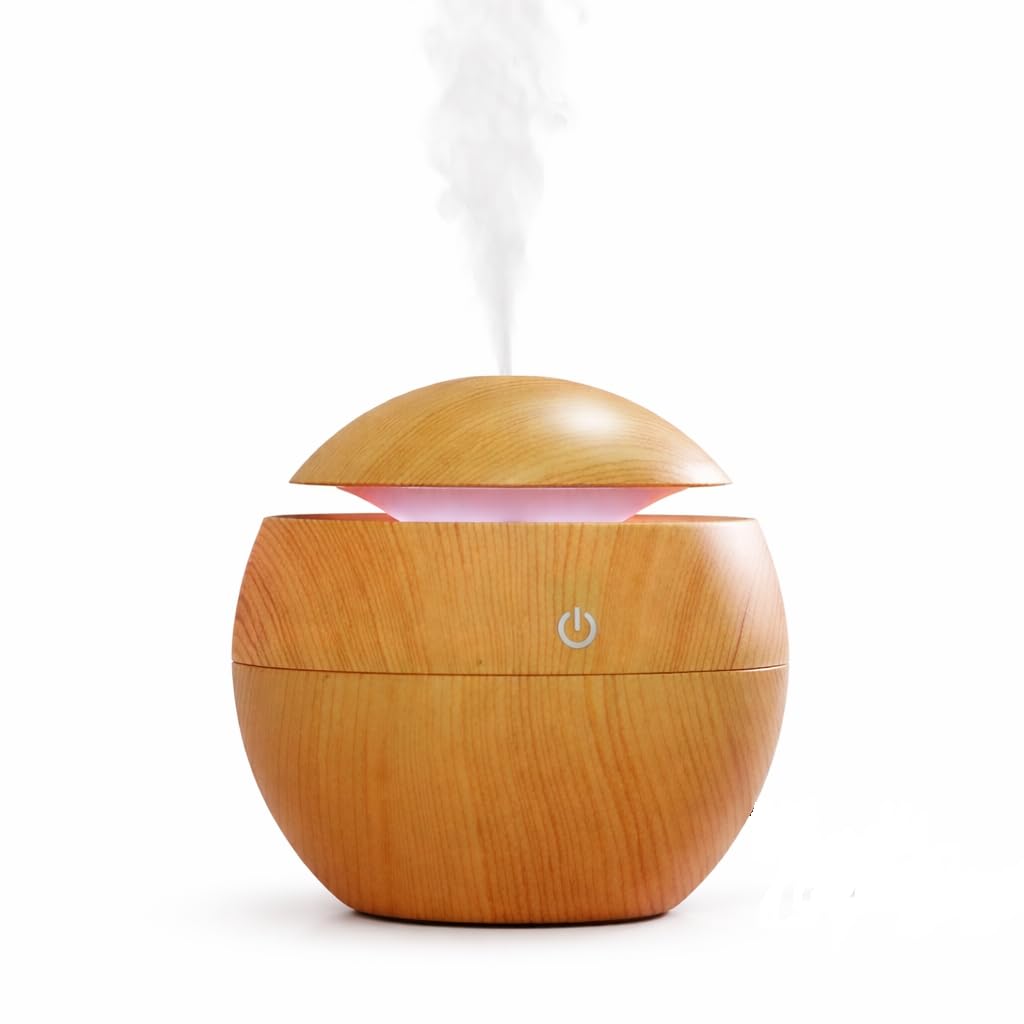 usb humidifier aroma diffuser with led light ring and touch switch, round wood grain design, usb powered mist vent device for desk or table use
