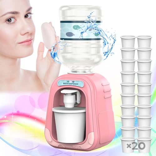 Oyeahoo Micellar Water Dispenser, Makeup Remover Dispenser, Mini Water Dispenser, Fun Water Dispenser Mini Water Dispenser Simulation Kitchen Toys Family Scene Toys (1 Pink+20 Cup)
