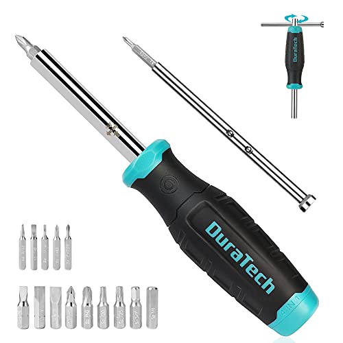 DURATECH Jeu de Tournevis Magnétique 3 en 1 avec 16 Multi-Embouts en S2, Tournevis Multifonctionnel de Poignée en Forme de T (Fonction de Force/Rotation), Plat, Cruciforme, Torx, Hex Cover