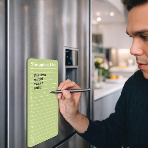 Image of 3 Lines Shopping List Fridge Magnet with Marker|Smart Planning & Shopping for Family, Working Professionals|to Do List| Acrylic Magnetic Notepad for Kitchen Organisation|12x24 cms|Kiwi Color|Large