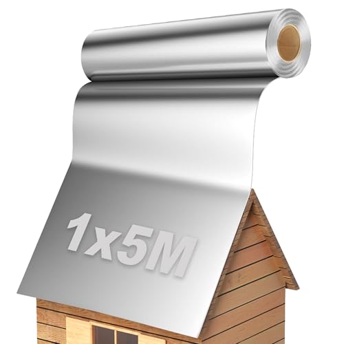 TEOV Dachfolie Aluminium 1 x 5M, 5㎡ Bitumenkleber Selbstklebend Dachbahn für Gartenhäuser, Garagendächer und Schuppen