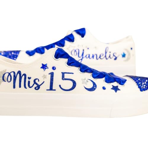 Quinceanera Sneakers Royal Blue - 15 Birthday personalized Shoes with stars and moons - Zapatillas de 15 Blue Customized Shoes - Dancing 15th Party (8)