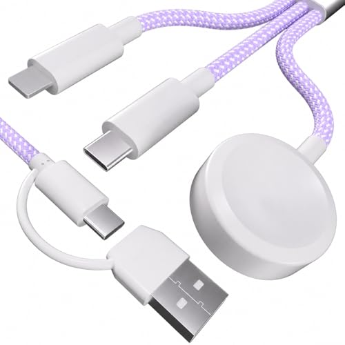 3 in 2 Charger Cable, Rapid Fast Charging USB C Watch Phone Multiple Cords, Compatible with Apple Watch Ultra SE Series 1-11, Universal Travel Multi Devices All in One Cord, 4FT/1.2M -Purple