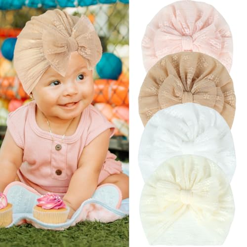 FZBNSRKO 4 Pcs Baby Turban Hats with Bow,Infant Headwraps Baby Hat with Bow Newborn Nursery Hospital Caps Headwraps for Baby Girls Boys Infants Toddlers2