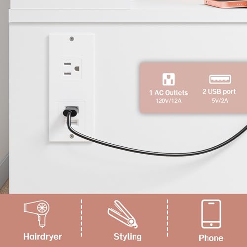 Image of Haewon White Vanity Desk with Mirror and Lights, Makeup Vanity with Charging Station and 3 Lighting Modes, Dressing Table Set with Storage Cabinet, Drawers and Chair for Girls Bedroom