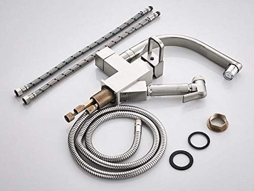 Robinet de cuisine double bec fini nickel brossé avec flexible eau chaude