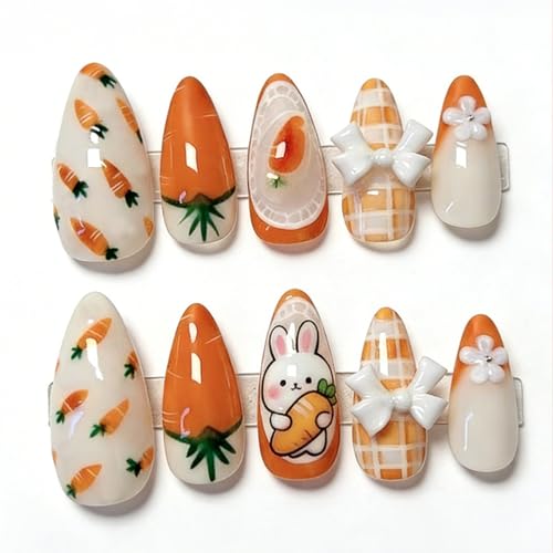 24Pcs Spring Press on Nails Medium Almond Easter Fake Nails with ...