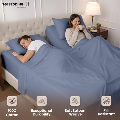 Image of SGI Split King Sheet Set for Adjustable Bed Egyptian Premium Cotton 600 Thread Count Sheet for Sleep Number Bed 15 inch Deep Pocket 5 Pc Set with 2 Twin XL Fitted Sheets Soft Breathable Mediterranean Blue